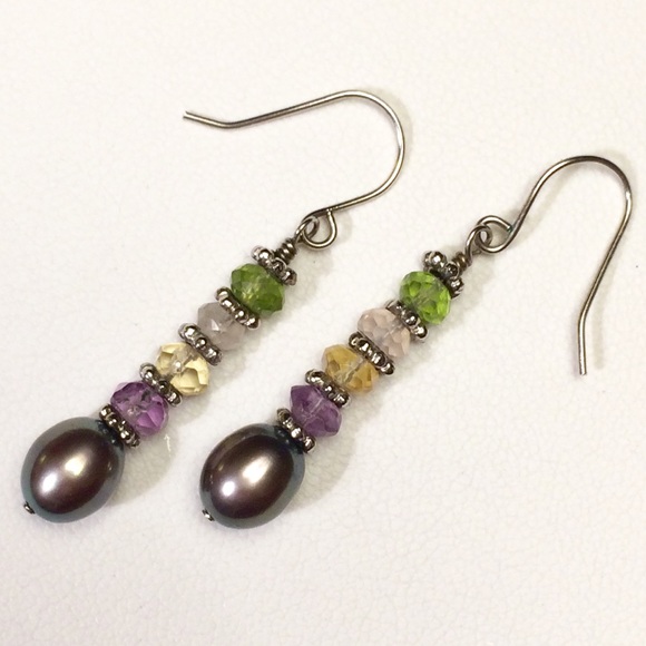 Gray Pearl, Crystal, & Sterling Dangle Earrings - Picture 2 of 7